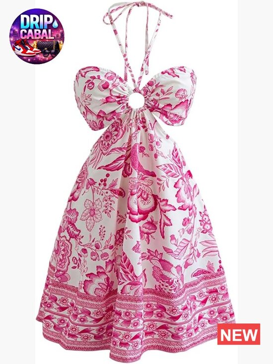 Dresses & Skirts - Floral Halter Mini Dress Cut Out Sleeveless A Line Flowy Boho Summer Vacation